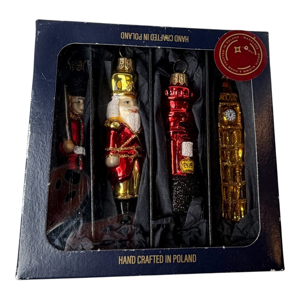 Max Glass London Ornament Set 4 Mouth Blown Glass Big Ben Guard Post Box Poland